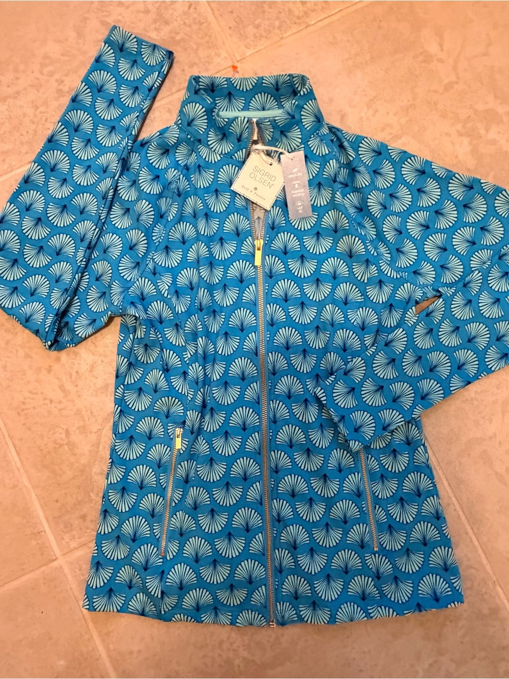 Sigrid Olsen Golf & Tennis Blue Shell Print Full Zip Jacket Gold Zippers S UPF50